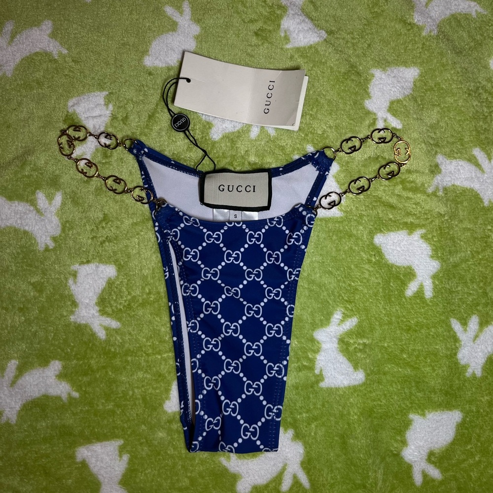 Gucci Blue Logo Bikini Bottom with Gold Chain Straps